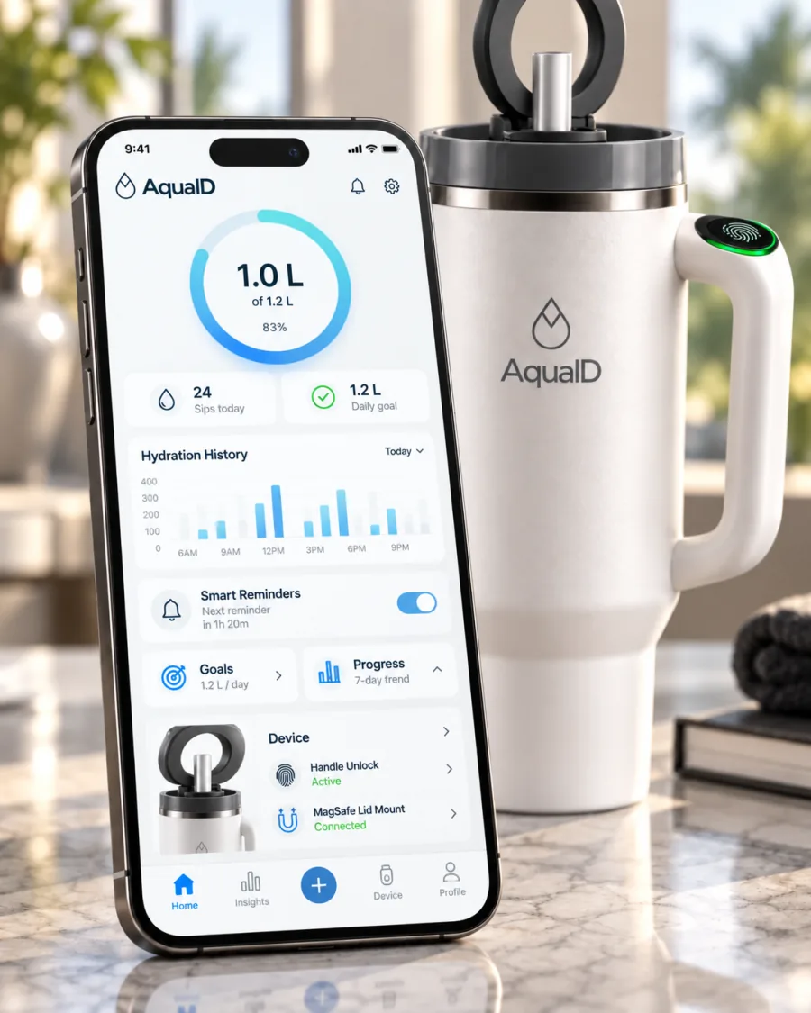 AquaID app showing 1.0 L of a 1.2 L daily goal, sip history and device status