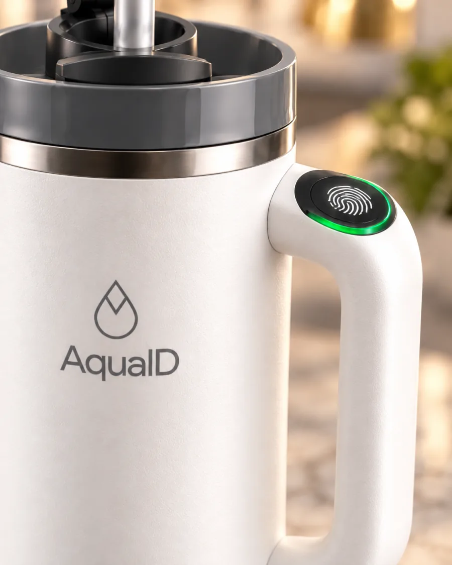 Fingerprint sensor on the AquaID handle glowing green