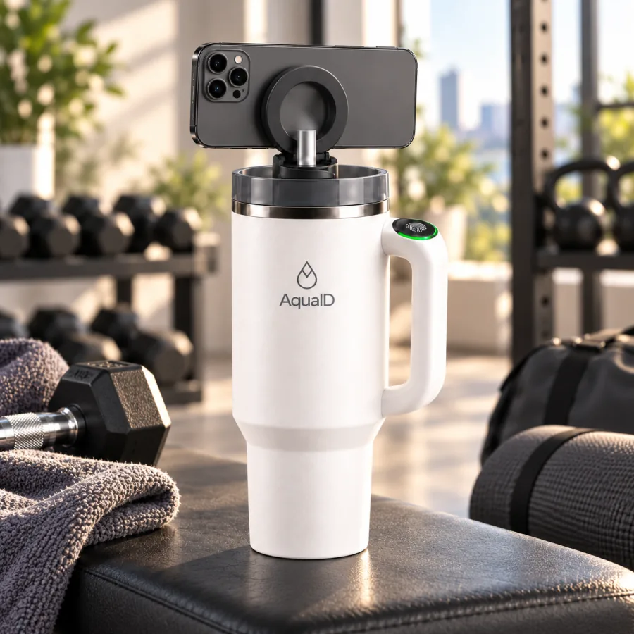 AquaID smart tumbler with a phone mounted on the lid, next to weights at the gym