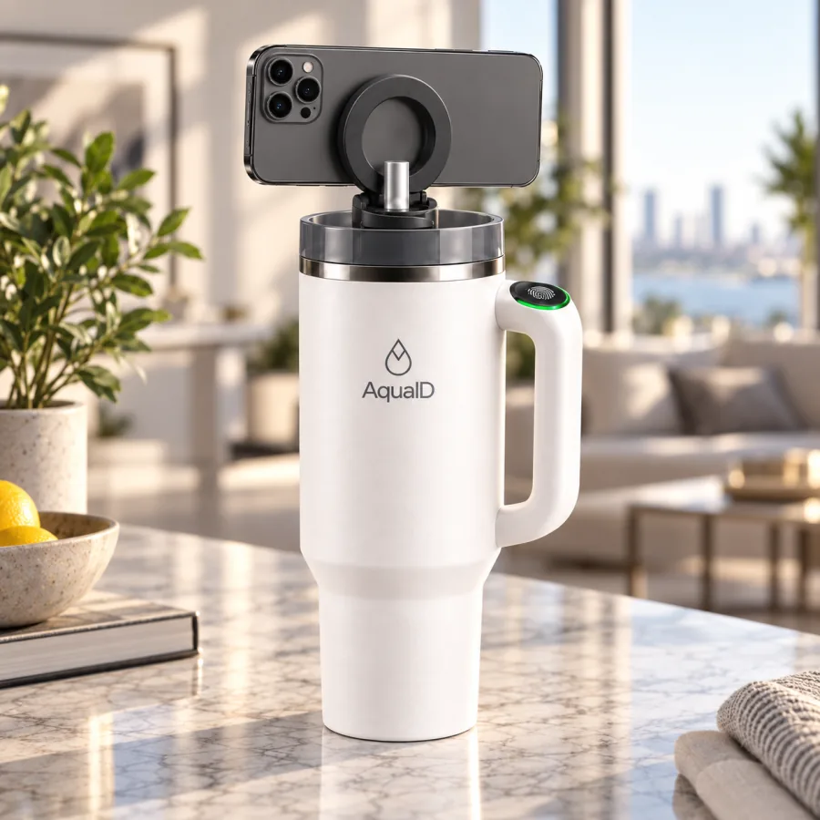 Phone held on the AquaID lid by the magnetic adjustable mount