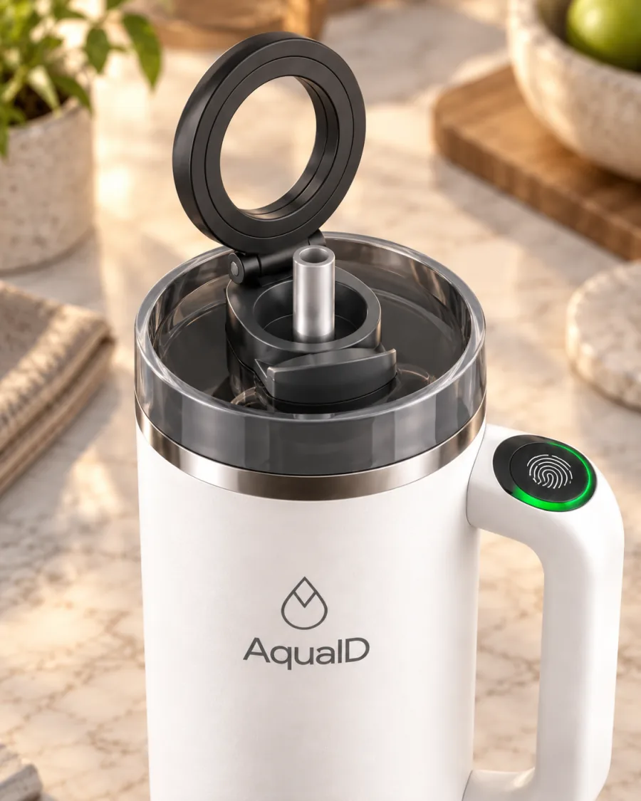 AquaID lid open showing the straw and flow sensor channel