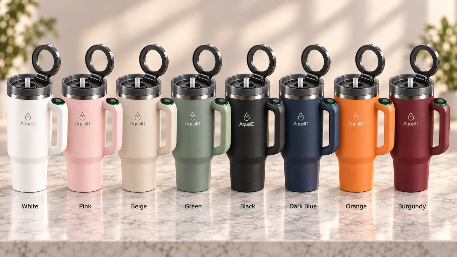 All eight AquaID colorways side by side: White, Pink, Beige, Green, Black, Dark Blue, Orange and Burgundy